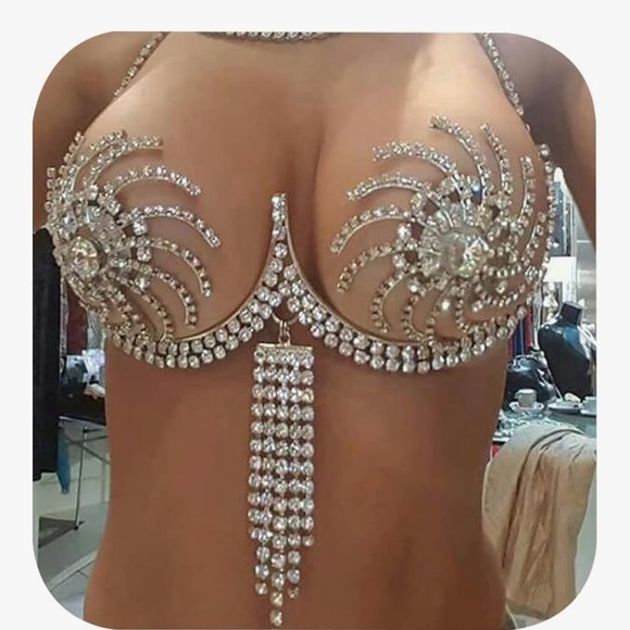 Rhinestone crystal bra top chain harness metallic bikini rave festival burlesque